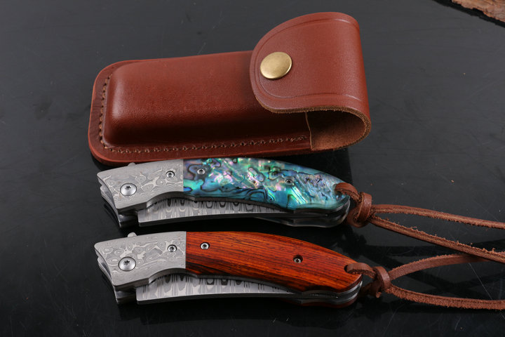 Revenge fighter VG10 Damascus abalone and ebony handle folding knife UD404973